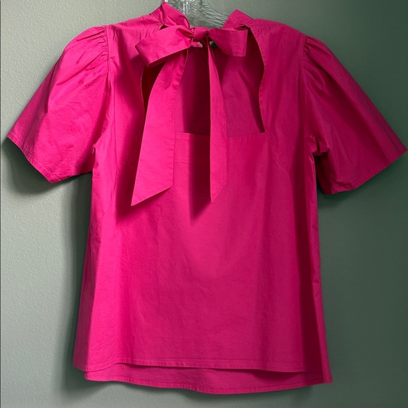 Tanya Taylor Cotton Poplin Vibrant Pink Short Sleeve Blouse - Picture 2 of 7